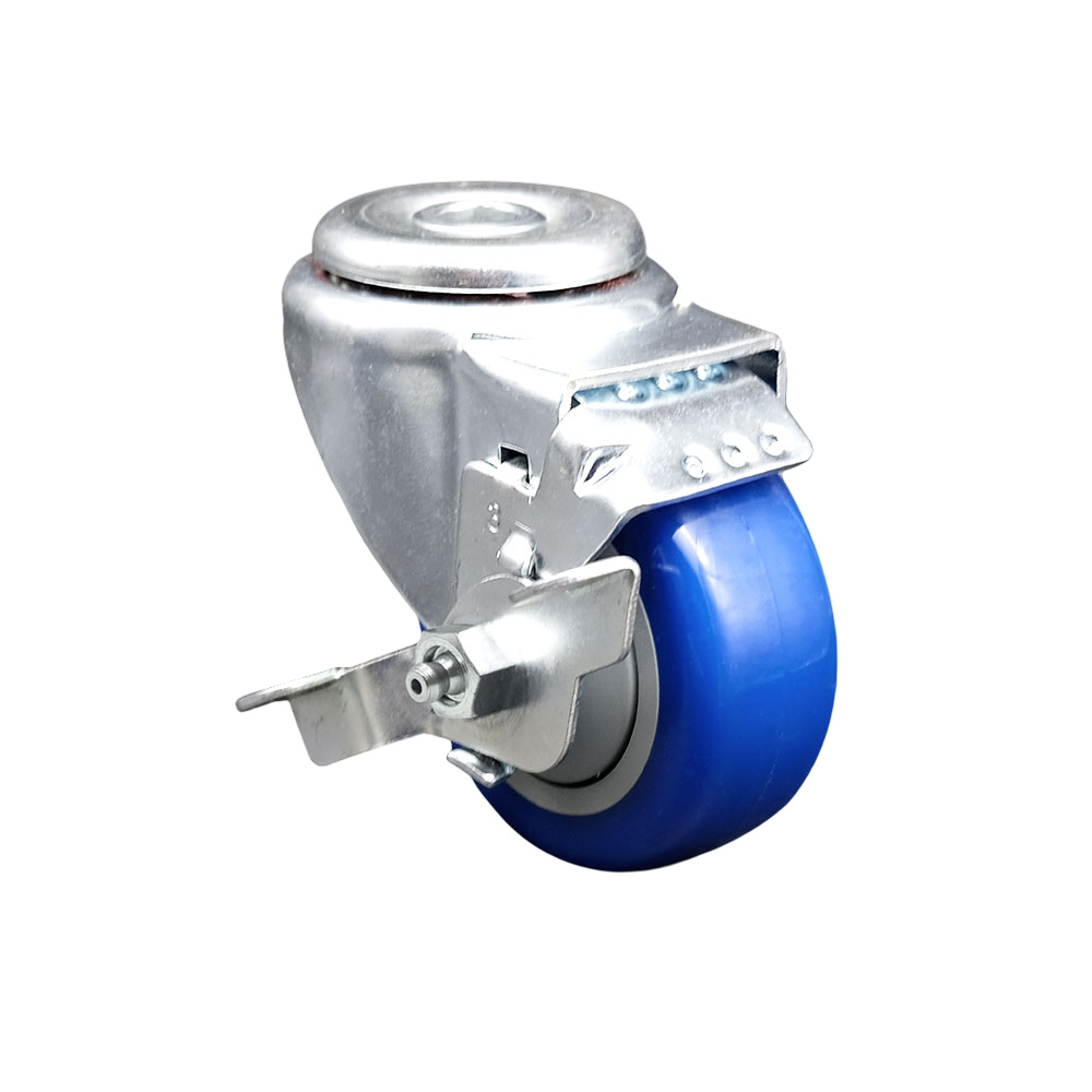 Polyurethane Swivel Bolt Hole Caster w/3" x 1.25"  Blue Wheel & Top Locking Brake - 300 lbs Capacity/Caster - Service Caster Brand — photo 1