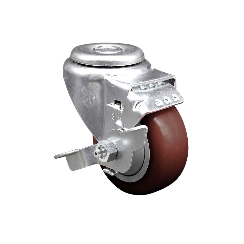Polyurethane Swivel Bolt Hole Caster w/3" x 1.25"  Maroon Wheel & Top Locking Brake - 300 lbs Capacity/Caster - Service Caster Brand — photo 1