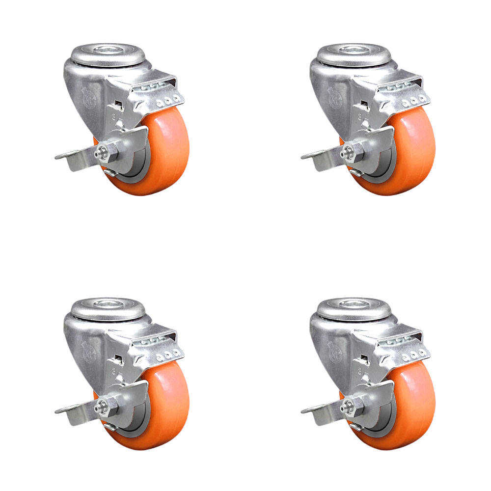 Polyurethane Swivel Bolt Hole Caster Set of 4 w/3" x 1.25" Orange Wheels - Includes 4 Swivel with Top Lock Brakes - 1200 lbs Total Capacity - Service Caster Brand — photo 1