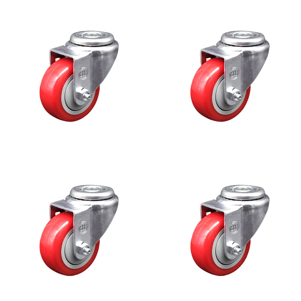 Polyurethane Swivel Bolt Hole Caster Set of 4 w/3" x 1.25" Red Wheels - Includes 4 Swivel - 1200 lbs Total Capacity - Service Caster Brand — photo 1