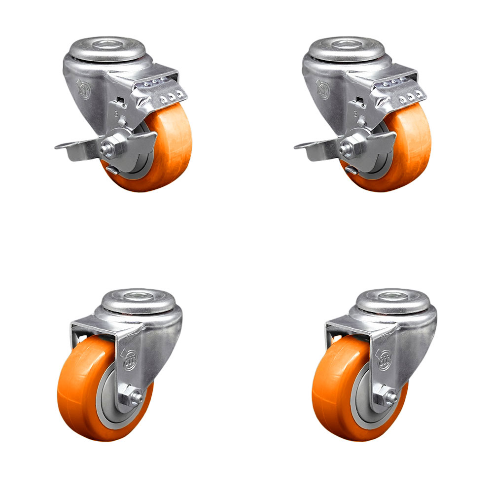 Polyurethane Swivel Bolt Hole Caster Set of 4 w/3" x 1.25" Orange Wheels - Includes 2 with Top Locking Brakes - 1200 lbs Total Capacity - Service Caster Brand — photo 1