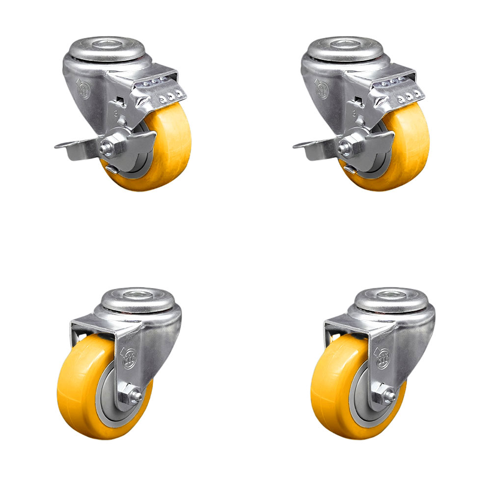 Polyurethane Swivel Bolt Hole Caster Set of 4 w/3" x 1.25" Yellow Wheels - Includes 2 with Top Locking Brakes - 1200 lbs Total Capacity - Service Caster Brand — photo 1