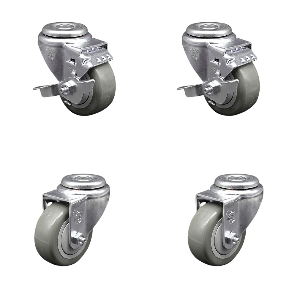 Polyurethane Swivel Bolt Hole Caster Set of 4 w/3" x 1.25" Gray Wheels - Includes 2 with Top Locking Brakes - 1200 lbs Total Capacity - Service Caster Brand — photo 1