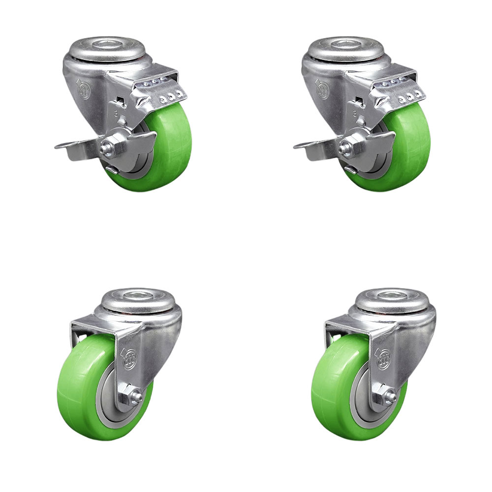 Polyurethane Swivel Bolt Hole Caster Set of 4 w/3" x 1.25" Green Wheels - Includes 2 with Top Locking Brakes - 1200 lbs Total Capacity - Service Caster Brand — photo 1
