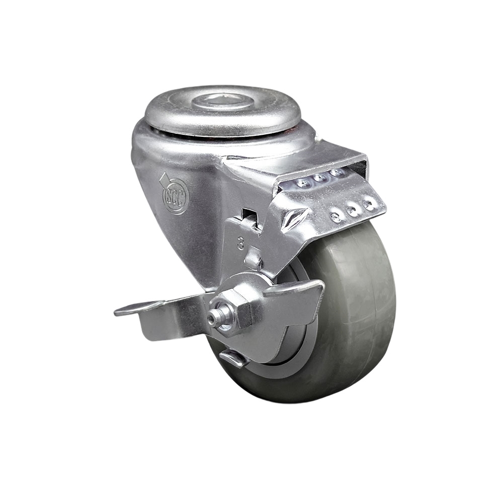 3" Swivel Caster with 1/2" Bolt Hole, Gray Polyurethane Wheel and Brake - 300 lbs Capacity - Service Caster Brand — photo 1
