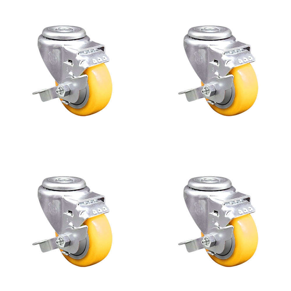 Polyurethane Swivel Bolt Hole Caster Set of 4 w/3" x 1.25" Yellow Wheels - Includes 4 Swivel with Top Lock Brakes - 1200 lbs Total Capacity - Service Caster Brand — photo 1
