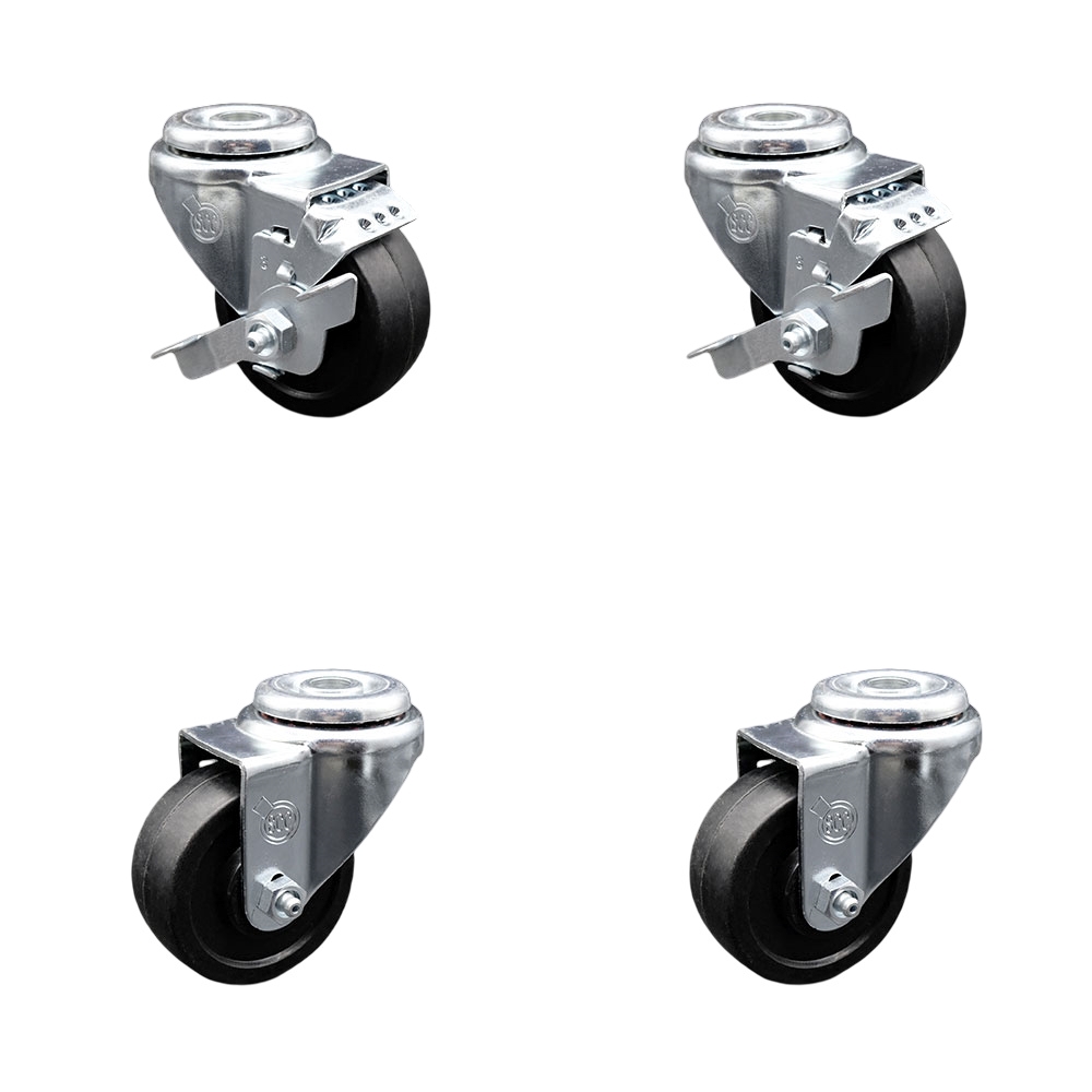 Soft Rubber Swivel Bolt Hole Caster Set of 4 w/3" x 1.25" Black Wheels - Includes 2 with Top Locking Brakes - 700 lbs Total Capacity - Service Caster Brand — photo 1