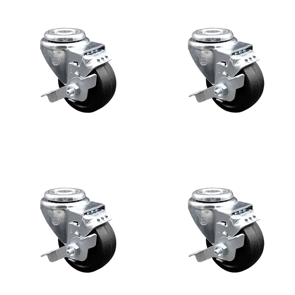 Soft Rubber Swivel Bolt Hole Caster Set of 4 w/3" x 1.25" Black Wheels - Includes 4 Swivel with Top Lock Brakes - 700 lbs Total Capacity - Service Caster Brand — photo 1