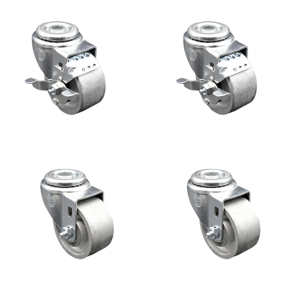 Semi Steel Cast Iron Swivel Bolt Hole Caster Set of 4 - 3" x 1.25" Silver Wheels - Includes 2 with Top Locking Brakes - 1200 lbs Total Capacity - Service Caster Brand — photo 1
