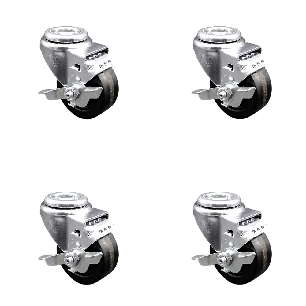 Phenolic Swivel Bolt Hole Caster w/Roller Bearing Set of 4 w/3.5" x 1.25" Black Wheels - Includes 4 Swivel with Top Lock Brakes - 1200 lbs Total Capacity - Service Caster Brand — photo 1
