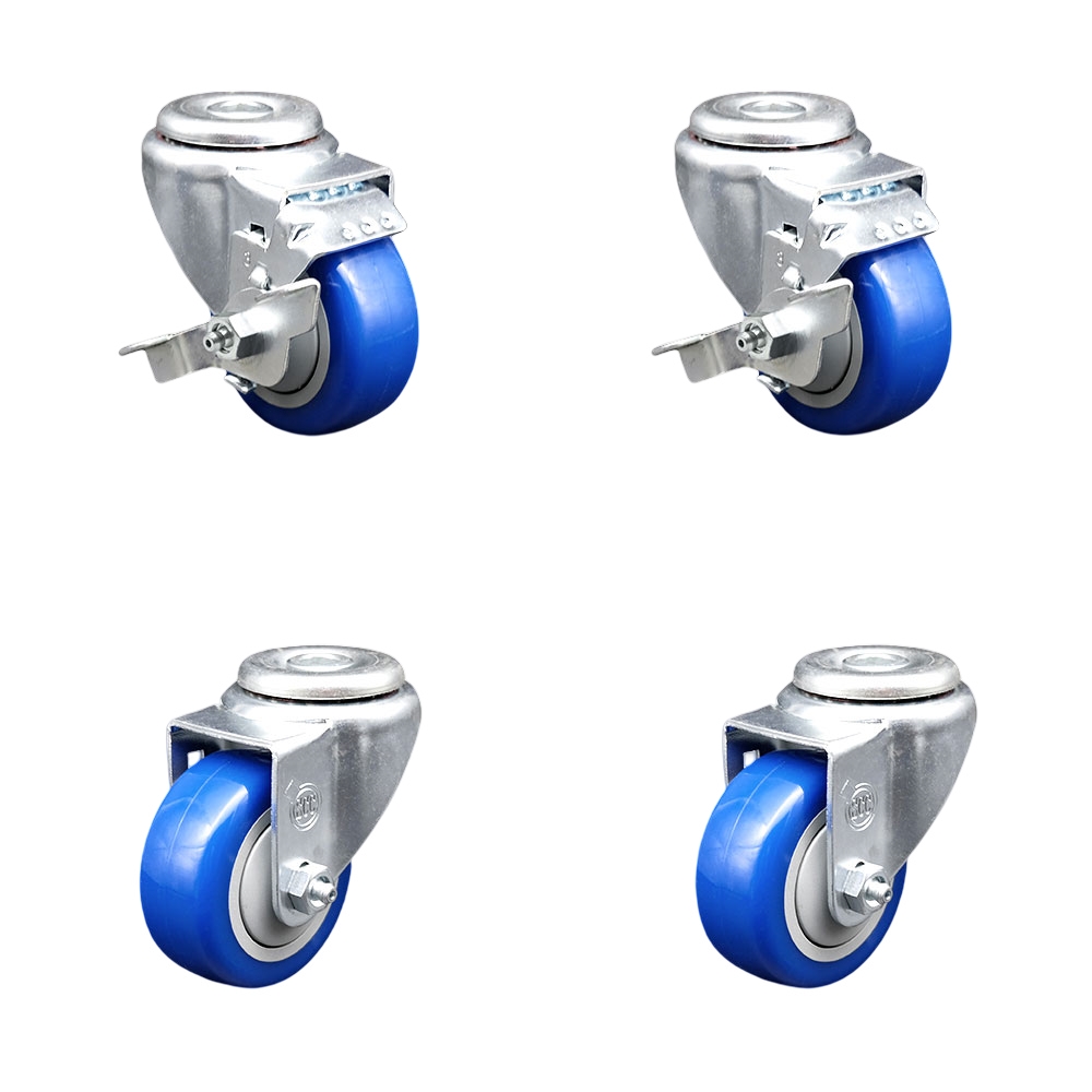 Polyurethane Swivel Bolt Hole Caster Set of 4 w/3.5" x 1.25"  Blue Wheels - Includes 2 with Top Locking Brakes - 1200 lbs Total Capacity - Service Caster Brand — photo 1