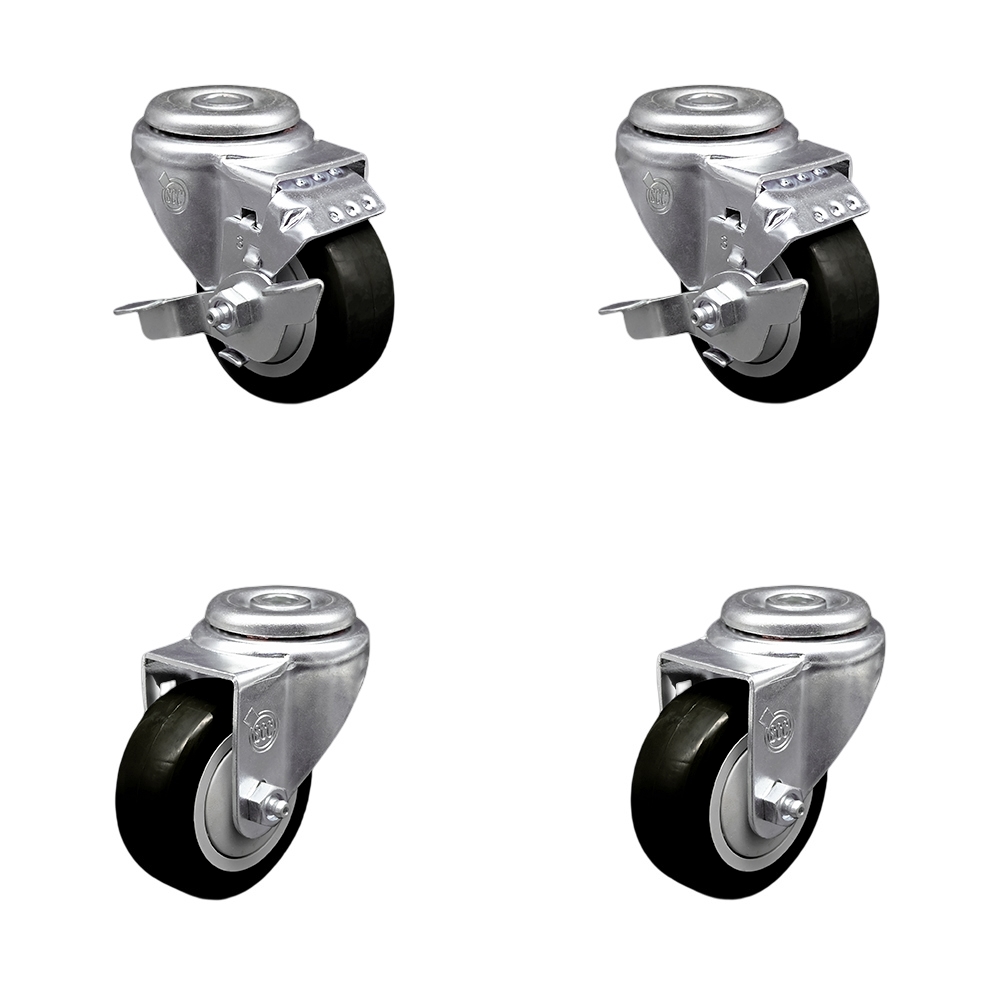 Polyurethane Swivel Bolt Hole Caster Set of 4 w/3.5" x 1.25"  Black Wheels - Includes 2 with Top Locking Brakes - 1200 lbs Total Capacity - Service Caster Brand — photo 1