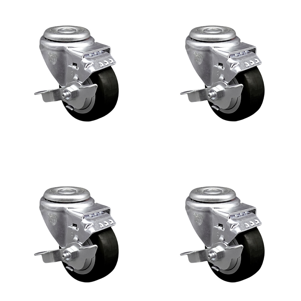 Polyurethane Swivel Bolt Hole Caster Set of 4 w/3.5" x 1.25" Black Wheels - Includes 4 Swivel with Top Lock Brakes - 1200 lbs Total Capacity - Service Caster Brand — photo 1