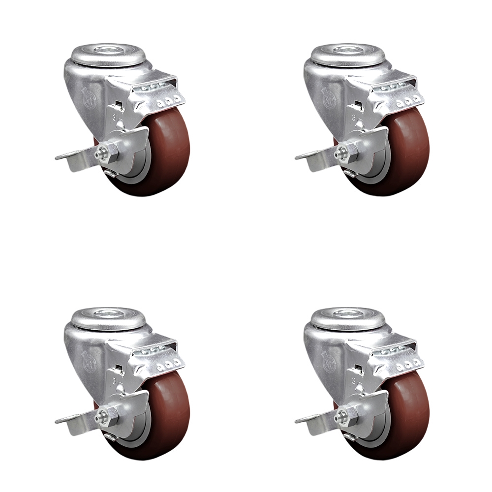Polyurethane Swivel Bolt Hole Caster Set of 4 w/3.5" x 1.25" Maroon Wheels - Includes 4 Swivel with Top Lock Brakes - 1200 lbs Total Capacity - Service Caster Brand — photo 1