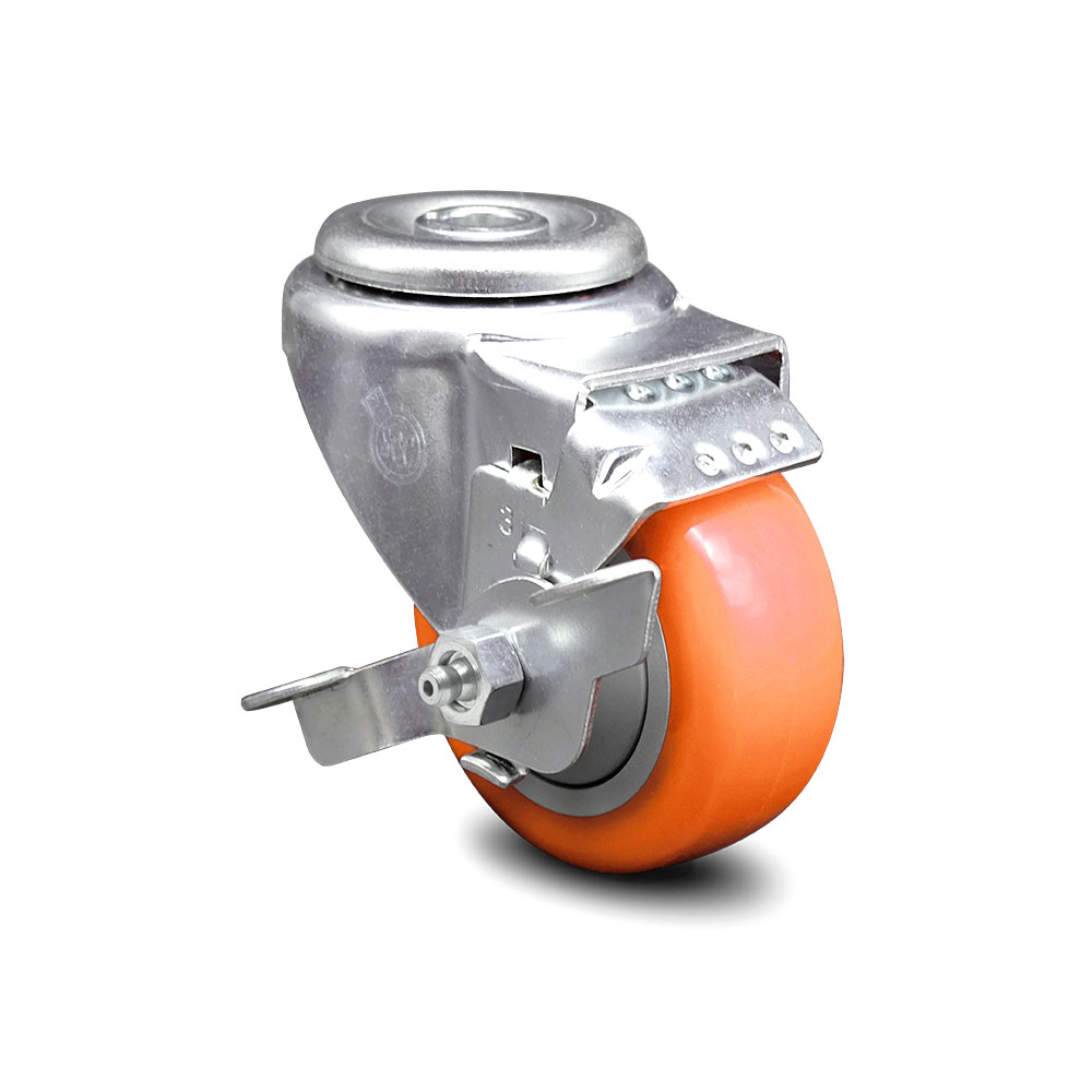 Polyurethane Swivel Bolt Hole Caster w/3.5" x 1.25" Orange Wheel & Top Locking Brake - 300 lbs Capacity/Caster - Service Caster Brand — photo 1