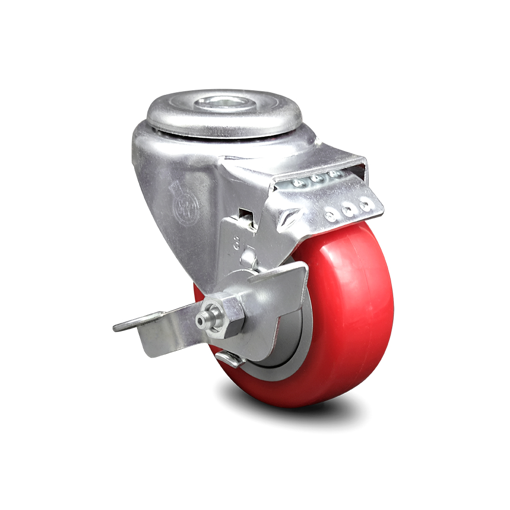 Polyurethane Swivel Bolt Hole Caster w/3.5" x 1.25" Red Wheel & Top Locking Brake - 300 lbs Capacity/Caster - Service Caster Brand — photo 1