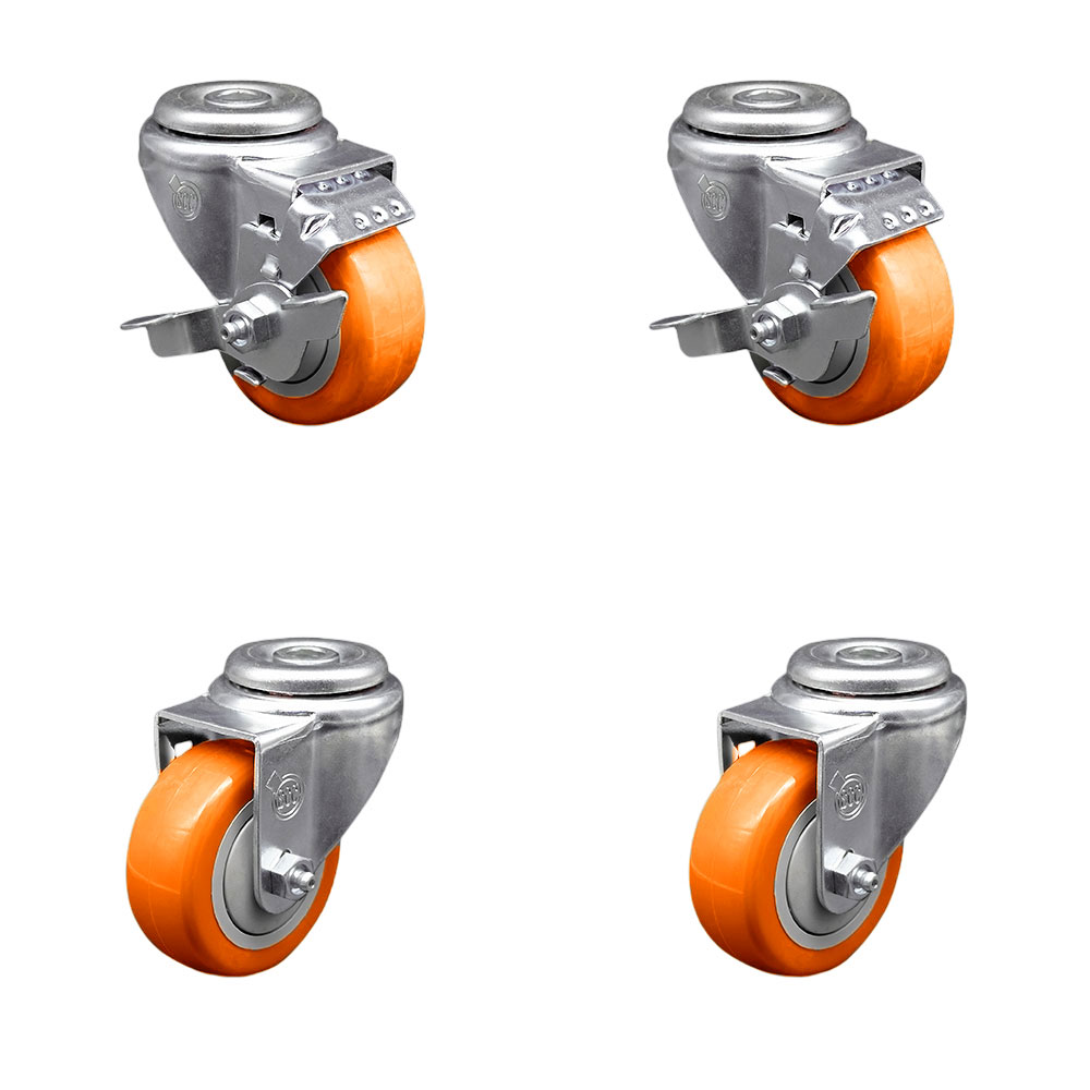 Polyurethane Swivel Bolt Hole Caster Set of 4 w/3.5" x 1.25" Orange Wheels - Includes 2 with Top Locking Brakes - 1200 lbs Total Capacity - Service Caster Brand — photo 1