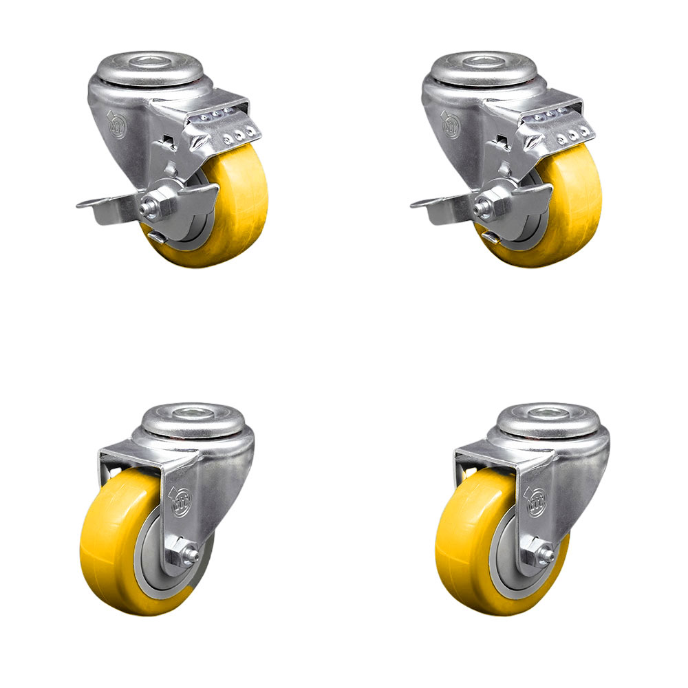 Polyurethane Swivel Bolt Hole Caster Set of 4 with 3.5 Inch Yellow Caster Wheels - 316 Stainless Steel Casters - Includes 2 Swivel with Top Lock Brakes and 2 Swivel - Service Caster Brand — photo 1