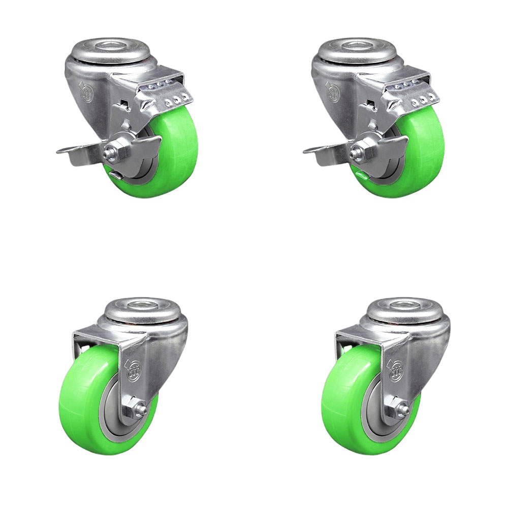 Polyurethane Swivel Bolt Hole Caster Set of 4 w/3.5" x 1.25" Green Wheels - Includes 2 with Top Locking Brakes - 1200 lbs Total Capacity - Service Caster Brand — photo 1