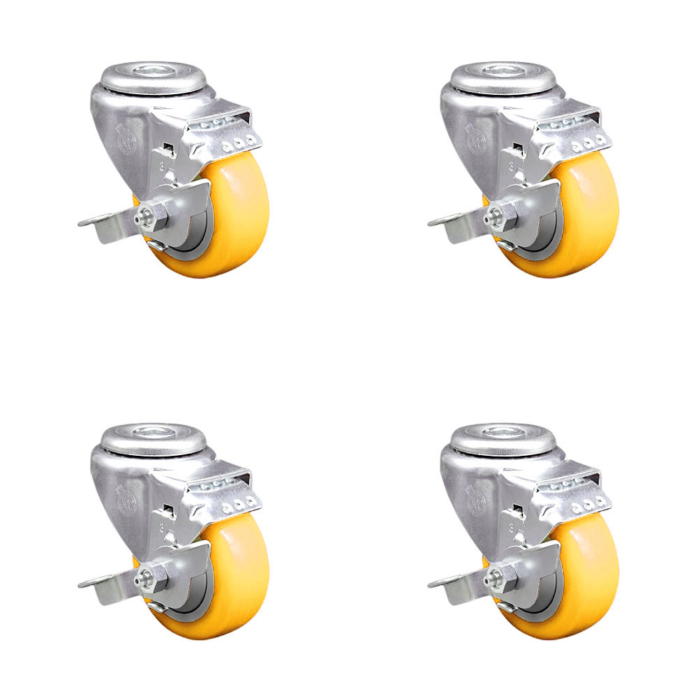 Polyurethane Swivel Bolt Hole Caster Set of 4 w/3.5" x 1.25" Yellow Wheels - Includes 4 Swivel with Top Lock Brakes - 1200 lbs Total Capacity - Service Caster Brand — photo 1