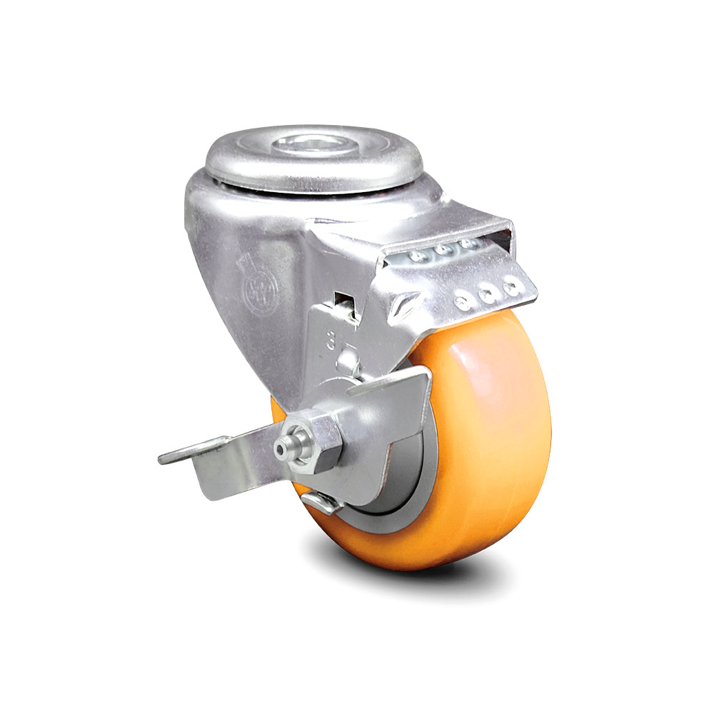 Polyurethane Swivel Bolt Hole Caster with 3.5 Inch Yellow Caster Wheel and Top Lock Brake - 316 Stainless Steel Caster - 300 lbs. Capacity Per Caster - Service Caster Brand — photo 1