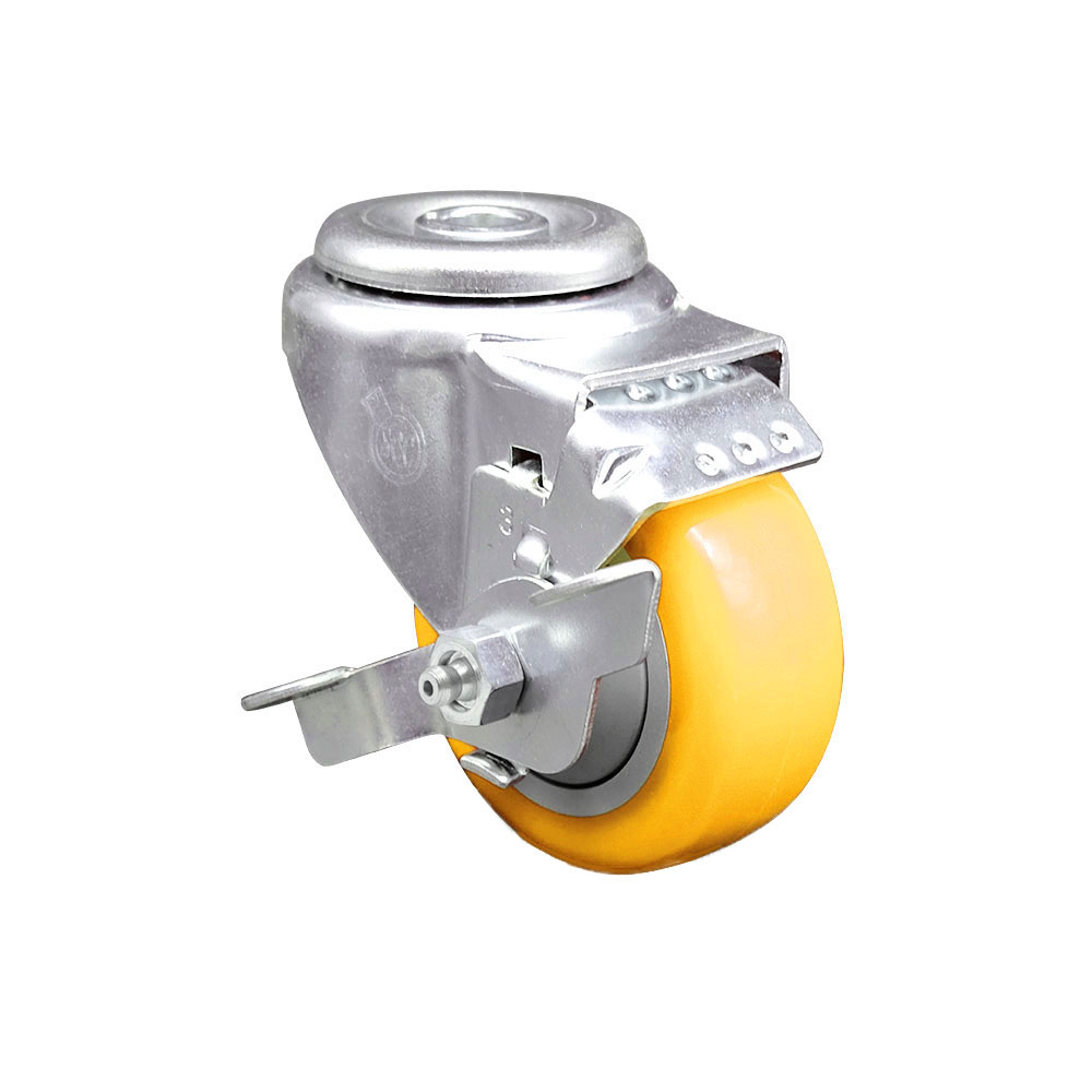 Polyurethane Swivel Bolt Hole Caster w/3.5" x 1.25" Yellow Wheel & Top Locking Brake - 300 lbs Capacity/Caster - Service Caster Brand — photo 1