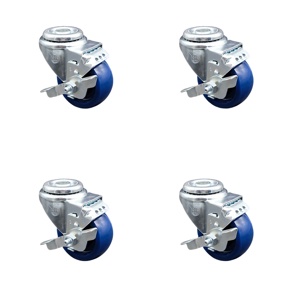 Solid Polyurethane Swivel Bolt Hole Caster Set of 4 w/3.5" x 1.25" Blue Wheels - Includes 4 Swivel with Top Lock Brakes - 1200 lbs Total Capacity - Service Caster Brand — photo 1