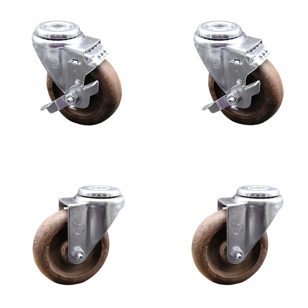 High Temp Glass Filled Nylon Swivel Bolt Hole Caster Set of 4 w/4" x 1.25" Brown Wheels - Includes 2 with Top Locking Brakes - 1400 lbs Total Capacity - Service Caster Brand — photo 1