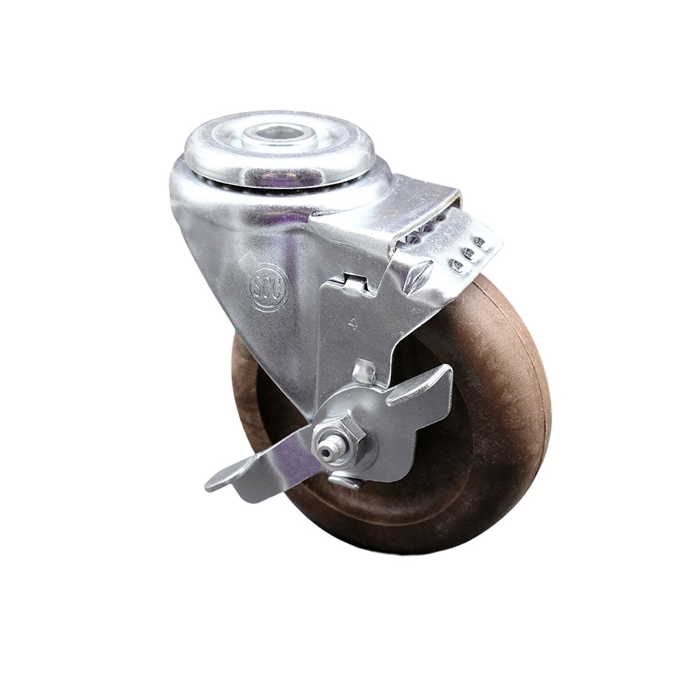 High Temp Glass Filled Nylon Swivel Bolt Hole Caster w/4" x 1.25" Brown Wheel & Top Locking Brake - 350 lbs Capacity/Caster - Service Caster Brand — photo 1
