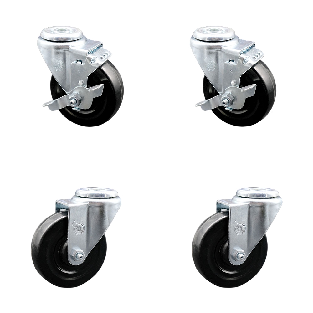 Hard Rubber Swivel Bolt Hole Caster Set of 4 w/4" x 1.25" Black Wheels - Includes 2 with Top Locking Brakes - 1100 lbs Total Capacity - Service Caster Brand — photo 1