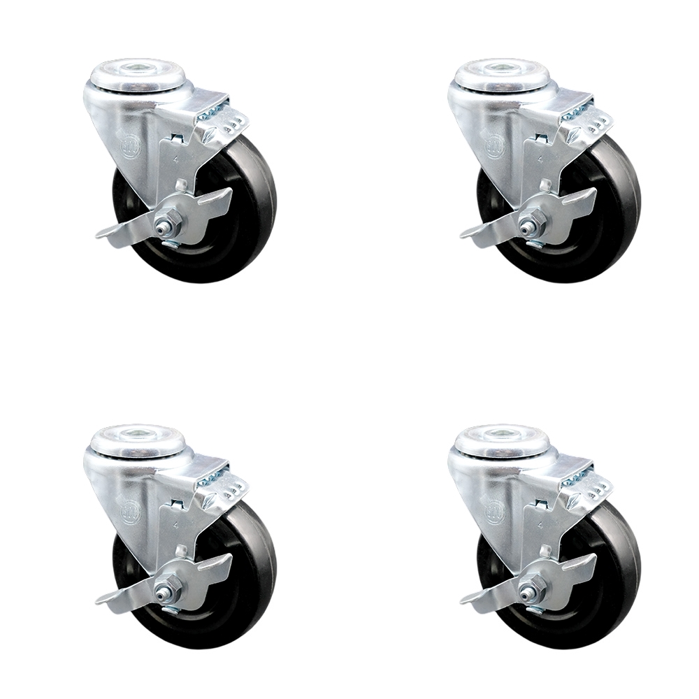 Hard Rubber Swivel Bolt Hole Caster Set of 4 w/4" x 1.25" Black Wheels - Includes 4 Swivel with Top Lock Brakes - 1200 lbs Total Capacity - Service Caster Brand — photo 1