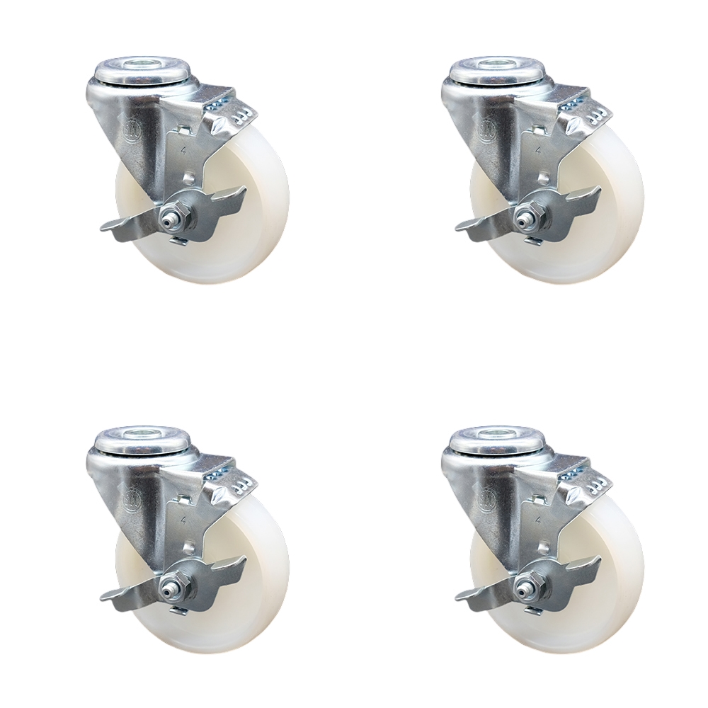 Nylon Swivel Bolt Hole Caster Set of 4 w/4" x 1.25" White Wheels - Includes 4 Swivel with Top Lock Brakes - 1200 lbs Total Capacity - Service Caster Brand — photo 1