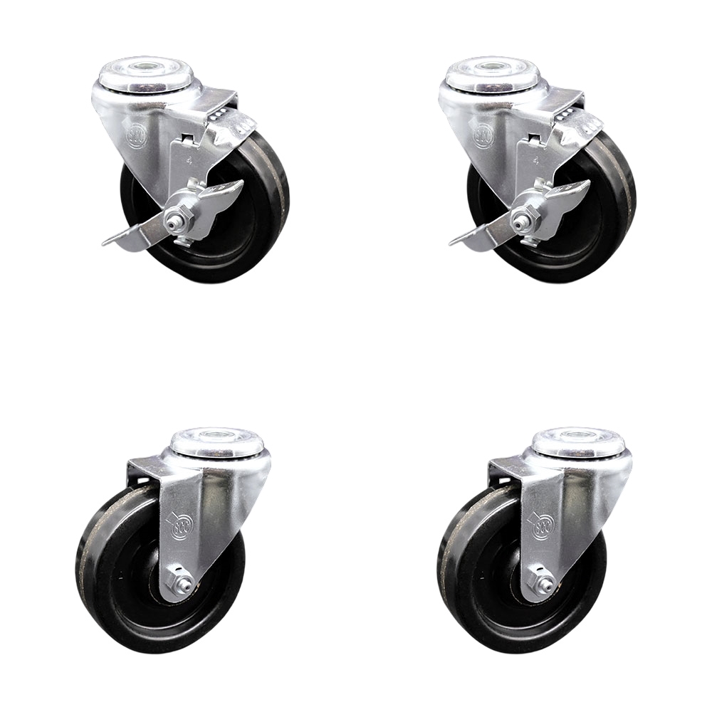 Phenolic Swivel Bolt Hole Caster Set of 4 w/Roller Bearing - 4" x 1.25" Black Wheels - Includes 2 with Top Locking Brakes - 1200 lbs Total Capacity - Service Caster Brand — photo 1