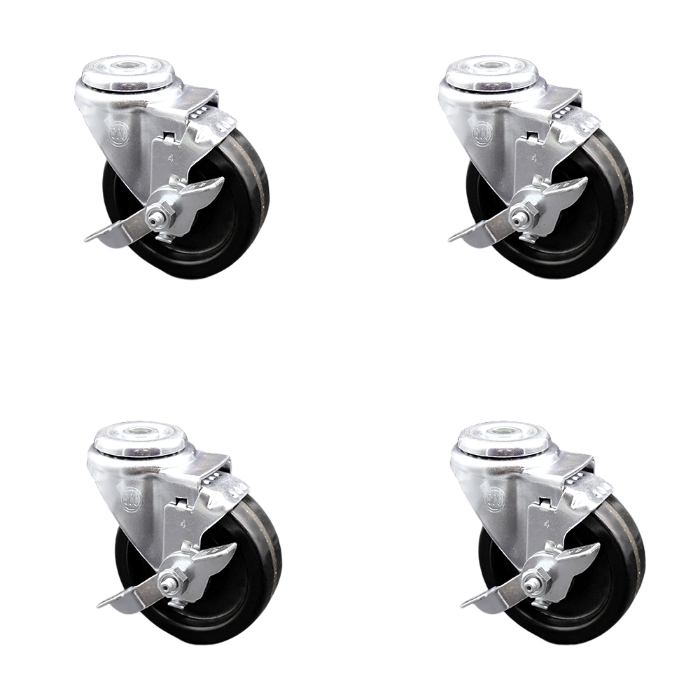 Phenolic Swivel Bolt Hole Caster w/Roller Bearing Set of 4 w/4" x 1.25" Black Wheels - Includes 4 Swivel with Top Lock Brakes - 1200 lbs Total Capacity - Service Caster Brand — photo 1