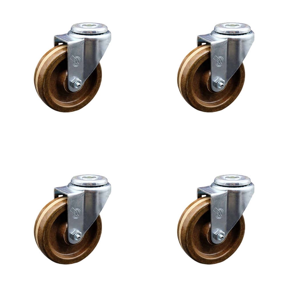 High Temperature Phenolic Swivel Bolt Hole Caster w/Roller Bearing Set of 4 w/4" x 1.25" Brown Wheels - Includes 4 Swivel - 1200 lbs Total Capacity - Service Caster Brand — photo 1