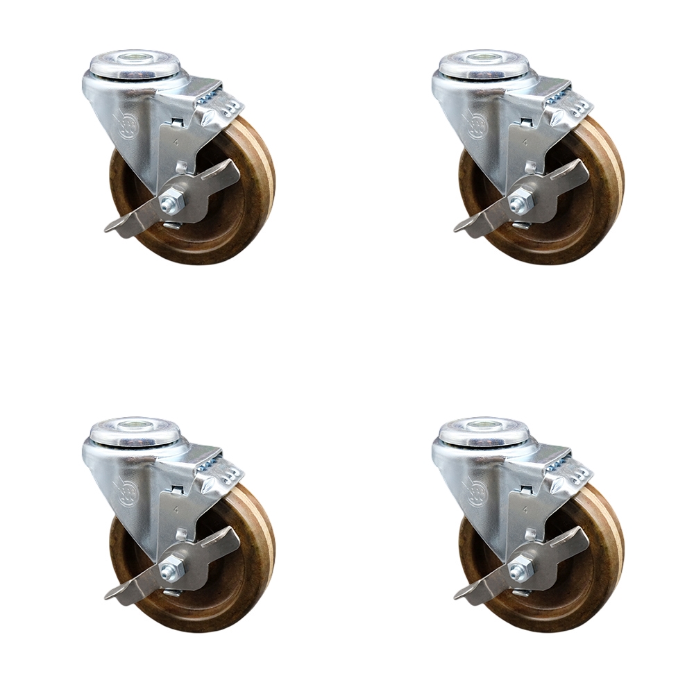 High Temperature Phenolic Swivel Bolt Hole Caster w/Roller Bearing Set of 4 w/4" x 1.25" Brown Wheels - Includes 4 Swivel with Top Lock Brakes - 1200 lbs Total Capacity - Service Caster Brand — photo 1