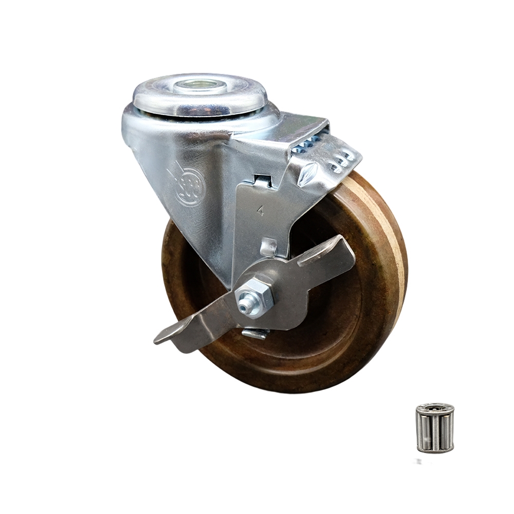 High Temperature Phenolic Swivel Bolt Hole Caster w/Roller Bearing - 4" x 1.25" Brown Wheel & Top Locking Brake - 300 lbs Capacity/Caster - Service Caster Brand — photo 1