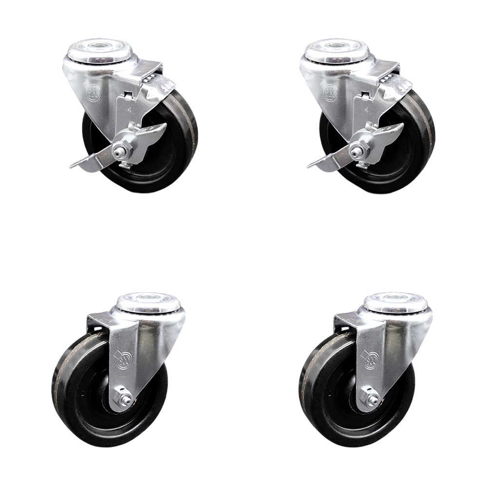 Phenolic Swivel Bolt Hole Caster Set of 4 w/4" x 1.25" Black Wheels - Includes 2 with Top Locking Brakes - 1200 lbs Total Capacity - Service Caster Brand — photo 1