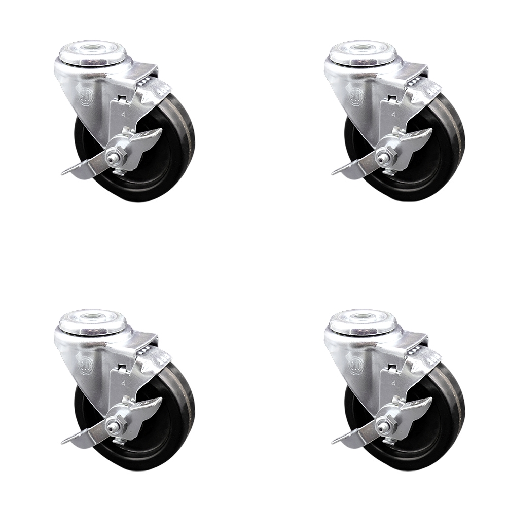 Phenolic Swivel Bolt Hole Caster Set of 4 w/4" x 1.25" Black Wheels - Includes 4 Swivel with Top Lock Brakes - 1200 lbs Total Capacity - Service Caster Brand — photo 1
