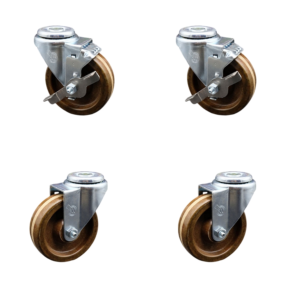 High Temperature Phenolic Swivel Bolt Hole Caster Set of 4 - 4" x 1.25" Brown Wheels - Includes 2 with Top Locking Brakes - 1200 lbs Total Capacity - Service Caster Brand — photo 1