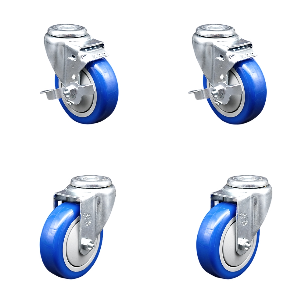 Polyurethane Swivel Bolt Hole Caster Set of 4 w/4" x 1.25"  Blue Wheels - Includes 2 with Top Locking Brakes - 1400 lbs Total Capacity - Service Caster Brand — photo 1
