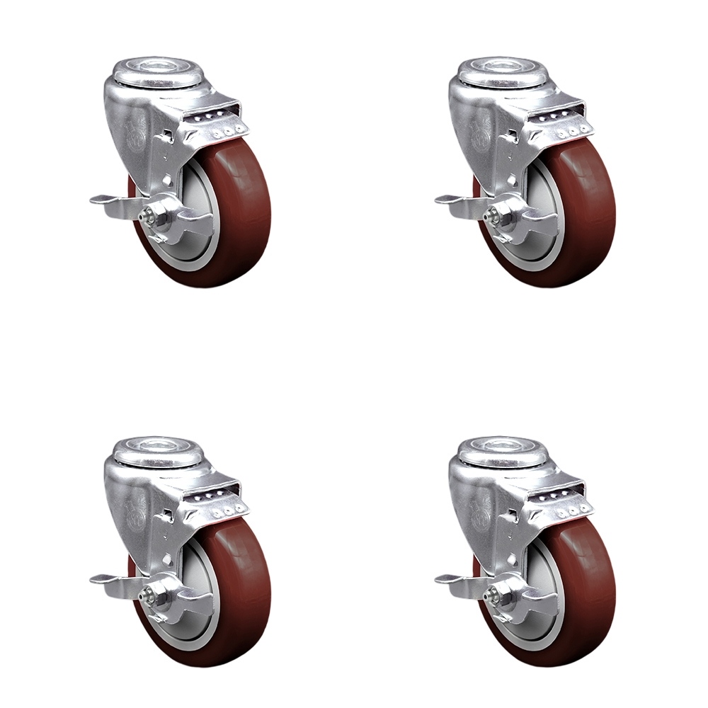Polyurethane Swivel Bolt Hole Caster Set of 4 w/4" x 1.25" Maroon Wheels - Includes 4 Swivel with Top Lock Brakes - 1400 lbs Total Capacity - Service Caster Brand — photo 1