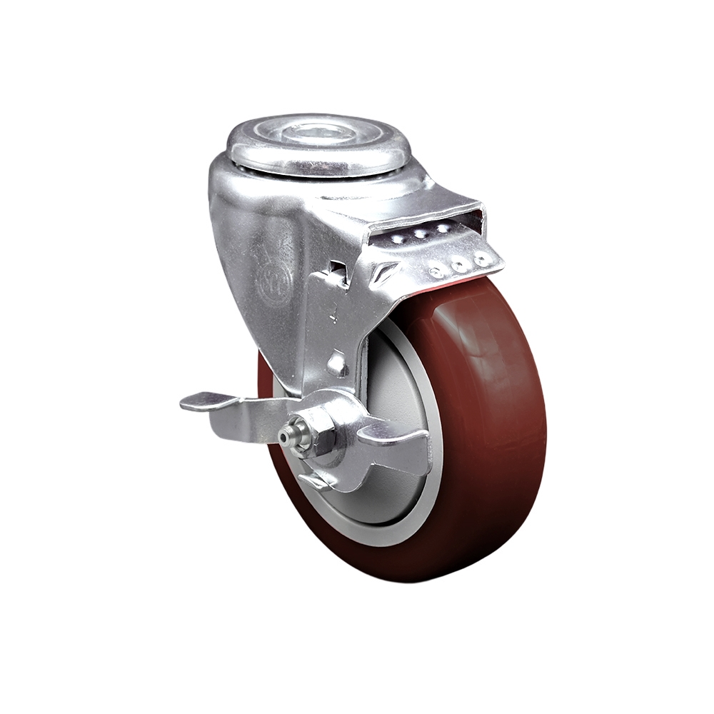 Polyurethane Swivel Bolt Hole Caster w/4" x 1.25"  Maroon Wheel & Top Locking Brake - 350 lbs Capacity/Caster - Service Caster Brand — photo 1