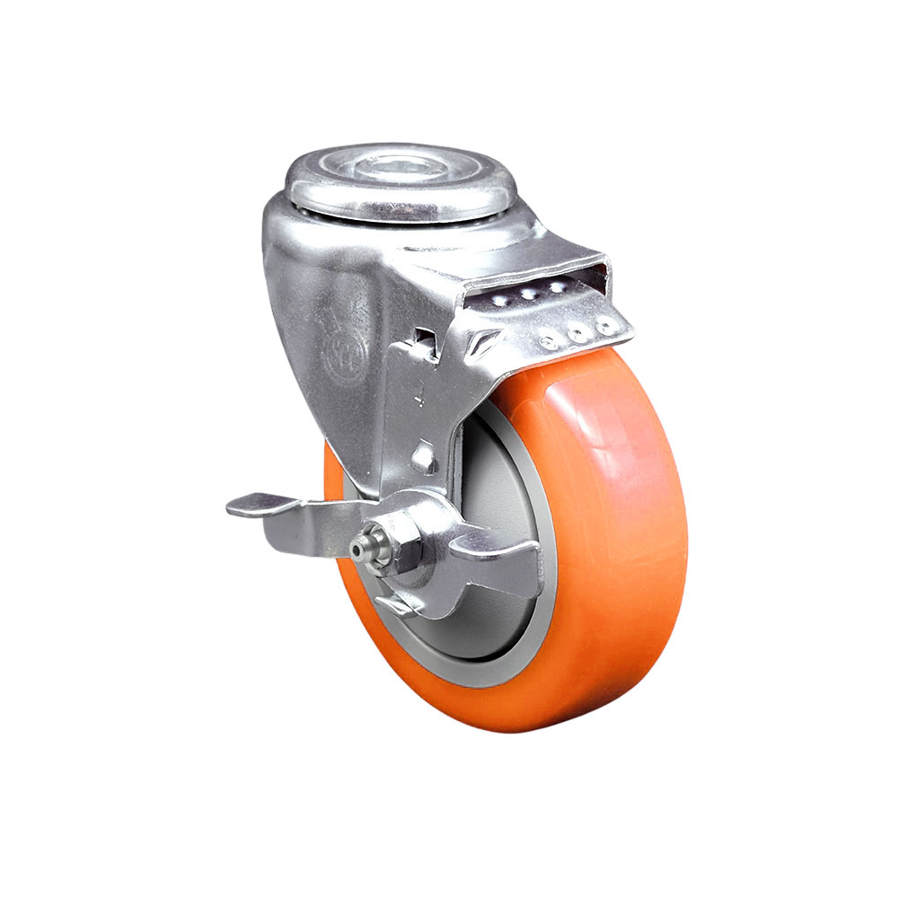 Polyurethane Swivel Bolt Hole Caster w/4" x 1.25" Orange Wheel & Top Locking Brake - 350 lbs Capacity/Caster - Service Caster Brand — photo 1