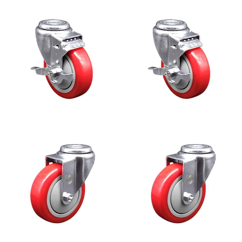 Polyurethane Swivel Bolt Hole Caster Set of 4 w/4" x 1.25" Red Wheels - Includes 2 with Top Locking Brakes - 1400 lbs Total Capacity - Service Caster Brand — photo 1