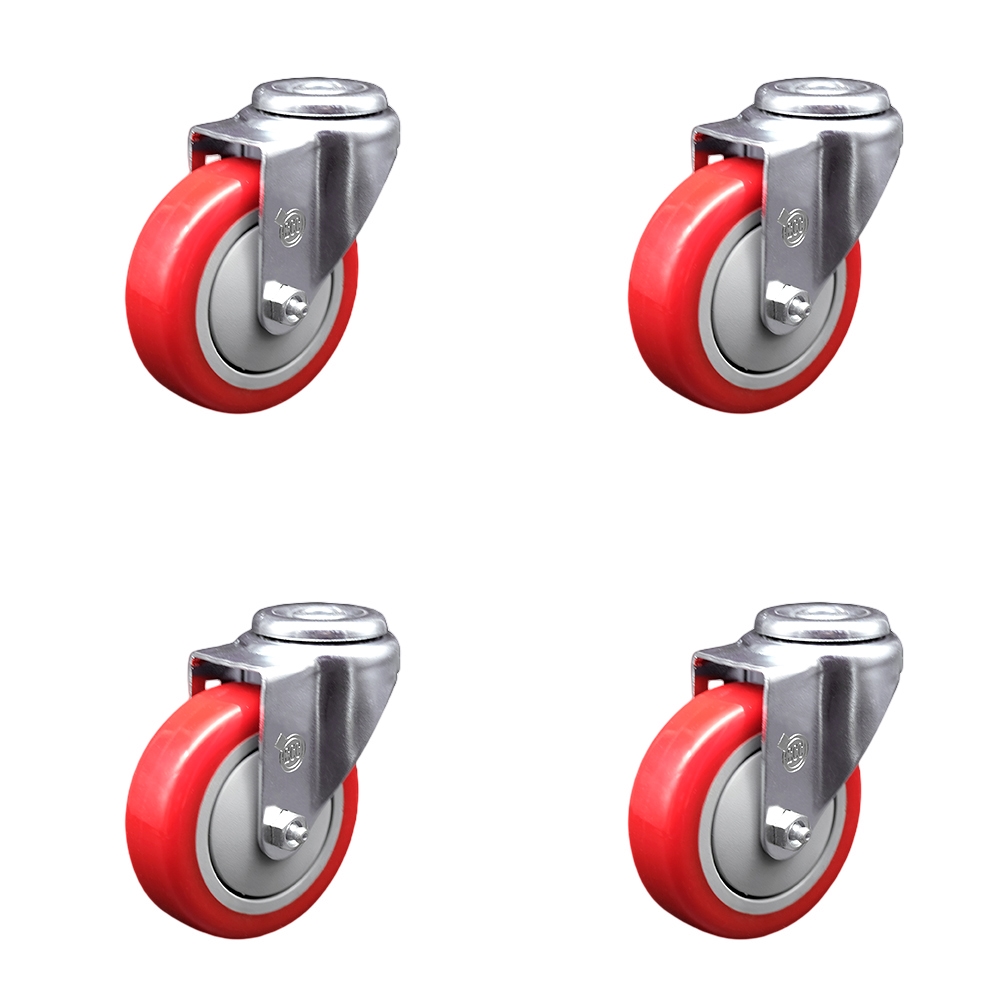 Polyurethane Swivel Bolt Hole Caster Set of 4 w/4" x 1.25" Red Wheels - Includes 4 Swivel - 1400 lbs Total Capacity - Service Caster Brand — photo 1