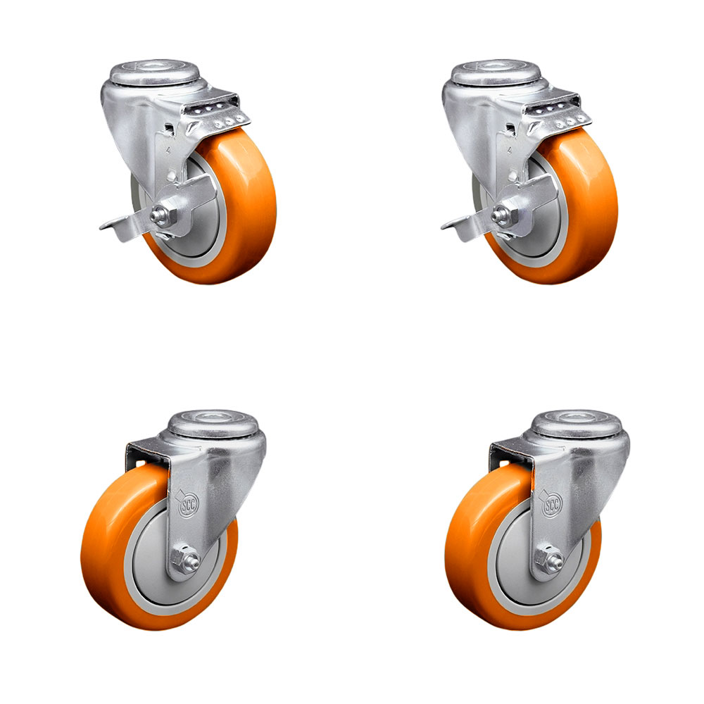 Polyurethane Swivel Bolt Hole Caster Set of 4 w/4" x 1.25" Orange Wheels - Includes 2 with Top Locking Brakes - 1400 lbs Total Capacity - Service Caster Brand — photo 1