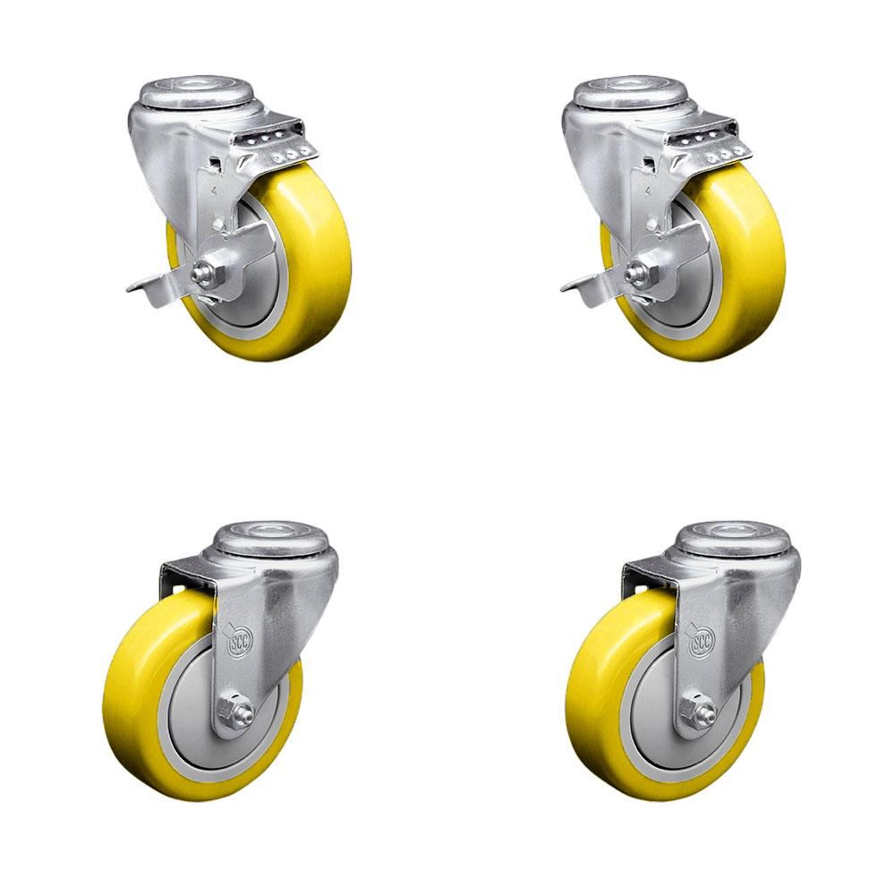Polyurethane Swivel Bolt Hole Caster Set of 4 w/4" x 1.25" Yellow Wheels - Includes 2 with Top Locking Brakes - 1400 lbs Total Capacity - Service Caster Brand — photo 1