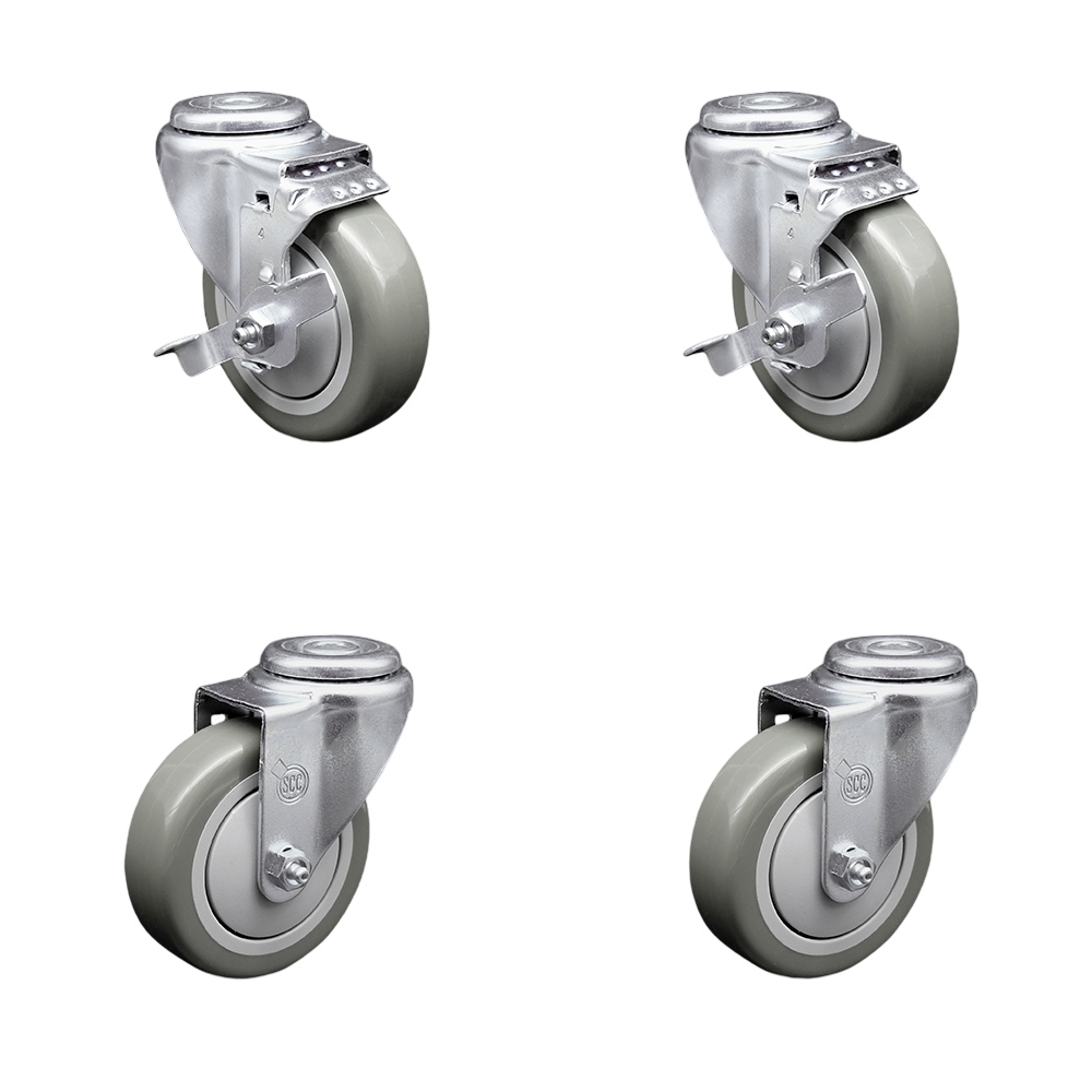 Polyurethane Swivel Bolt Hole Caster Set of 4 w/4" x 1.25" Gray Wheels - Includes 2 with Top Locking Brakes - 1400 lbs Total Capacity - Service Caster Brand — photo 1