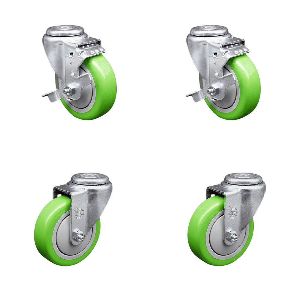 Polyurethane Swivel Bolt Hole Caster Set of 4 w/4" x 1.25" Green Wheels - Includes 2 with Top Locking Brakes - 1400 lbs Total Capacity - Service Caster Brand — photo 1